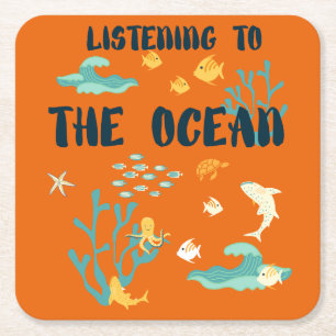 Posavasos Cuadrado De Papel Escuchando El Océano, Día De La Tierra, Animales D