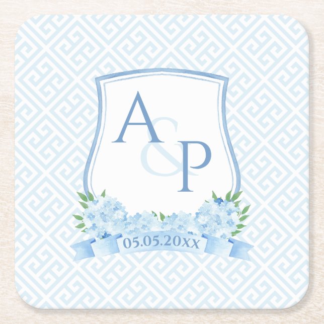 Posavasos Cuadrado De Papel Escudo Clásico Boda De Hidrangea Azul Y Blanco (Anverso)
