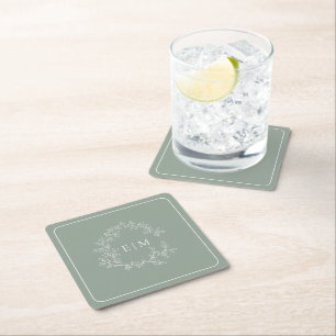 Posavasos Cuadrado De Papel Escudo de Leafy Verde Masaje Moderno Monograma Bod