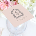 Posavasos Cuadrado De Papel Escudo de monograma vintage nombra a Boda rosa Rub<br><div class="desc">Este elegante diseño presenta un escudo de acanthus, inspirado en la vintage de regencia, que enmarca dos iniciales de monograma en el tipo de letra serif abierto, apilado verticalmente y separado por una delgada línea horizontal. Añada a continuación los nombres de la pareja y la fecha de boda. El diseño...</div>