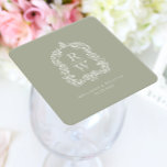 Posavasos Cuadrado De Papel Escudo de monograma vintage Nombres Boda verde sab<br><div class="desc">Este elegante diseño presenta un escudo de acanthus, inspirado en la vintage de regencia, que enmarca dos iniciales de monograma en el tipo de letra serif abierto, apilado verticalmente y separado por una delgada línea horizontal. Añada a continuación los nombres de la pareja y la fecha de boda. El diseño...</div>