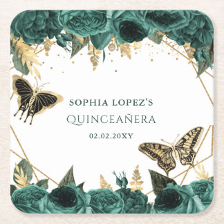 Posavasos Cuadrado De Papel Esmeralda Verde Oro Floral Elegante Quinceanera