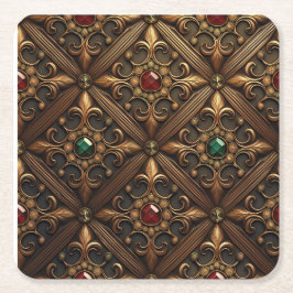 Posavasos Cuadrado De Papel Esmeraldas Y Rubos En Un Diseño Ornato Dorado