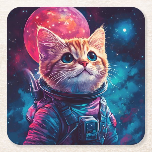 Posavasos Cuadrado De Papel Espacio rosa astronauta de gato (Anverso)