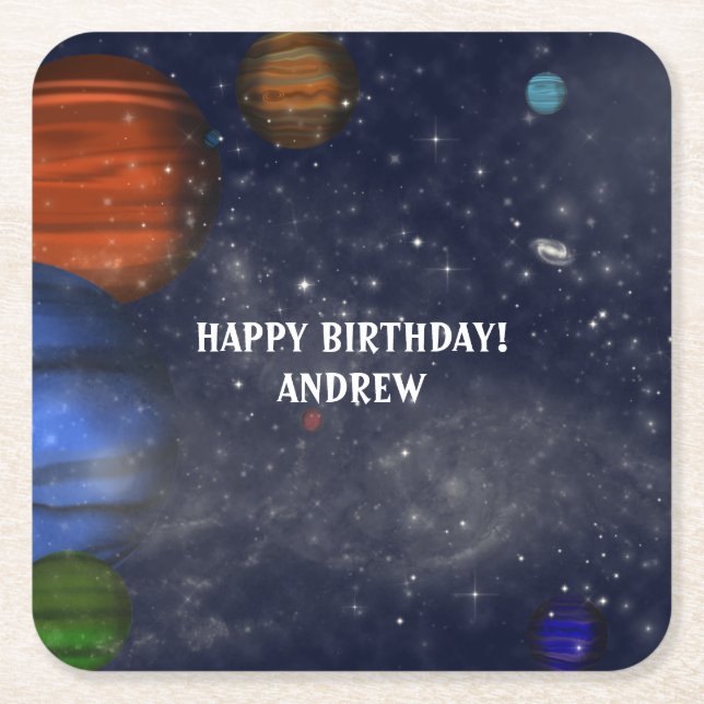 Posavasos Cuadrado De Papel Espacio ultraterrestre con planetas y galaxias (Anverso)