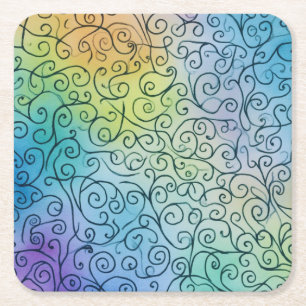 Posavasos Cuadrado De Papel Espectacular patrón de Swirl negro Resumen colorid