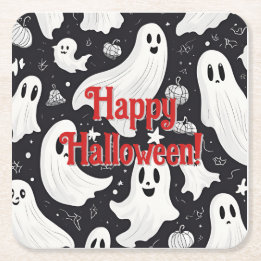 Posavasos Cuadrado De Papel Espeluznante Fantasma Halloween Blanco Negro