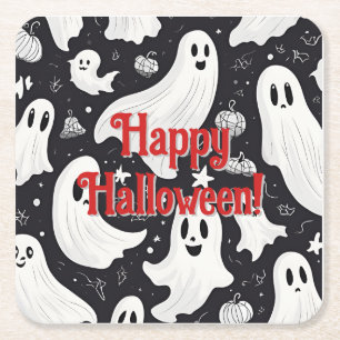 Posavasos Cuadrado De Papel Espeluznante Fantasma Halloween Blanco Negro