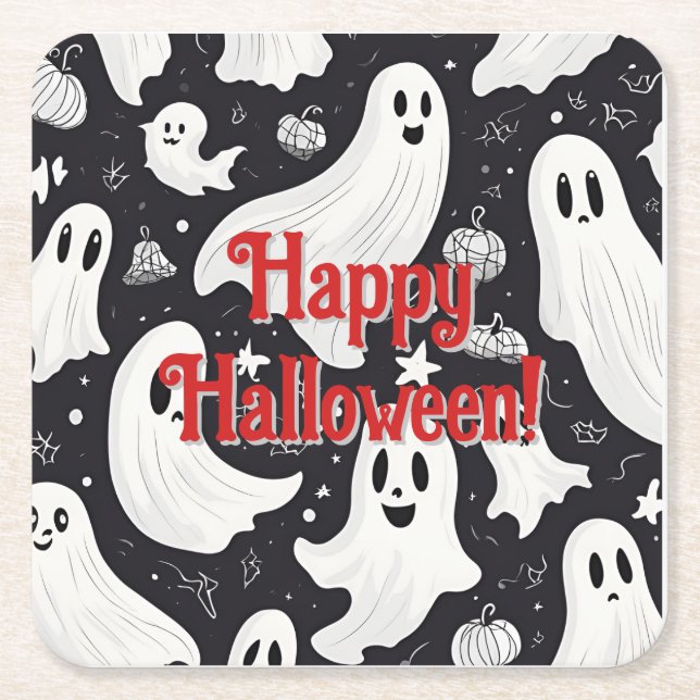 Posavasos Cuadrado De Papel Espeluznante Fantasma Halloween Blanco Negro (Anverso)