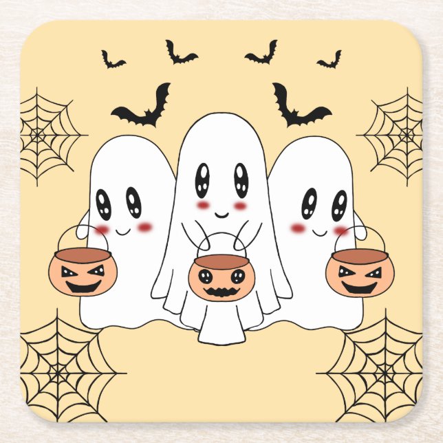 Posavasos Cuadrado De Papel Espeluznante Personalizado de Kawaii Fantasma Hall (Anverso)