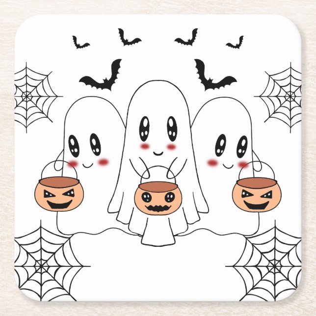 Posavasos Cuadrado De Papel Espeluznante Personalizado de Kawaii Fantasma Hall (Anverso)