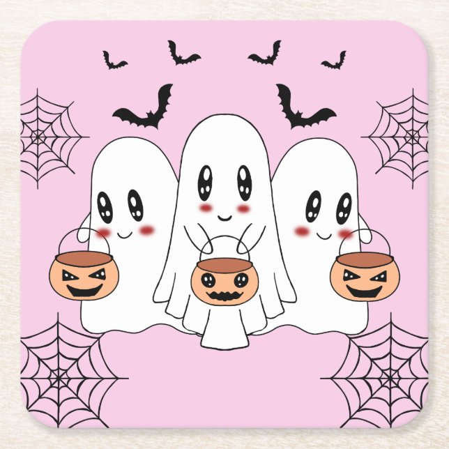 Posavasos Cuadrado De Papel Espeluznante Personalizado de Kawaii Fantasma Hall (Anverso)