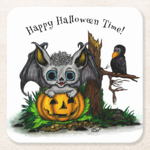 Posavasos Cuadrado De Papel Esperando Halloween , Cute Bat y Raven