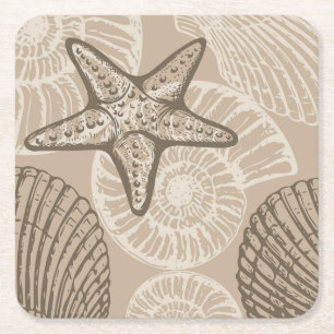 Posavasos Cuadrado De Papel Espinosa de mariscos y conchas en beige