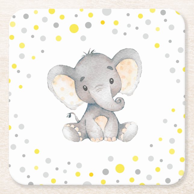 Posavasos Cuadrado De Papel Espoleta Baby Shower neutra de elefante gris amari (Anverso)