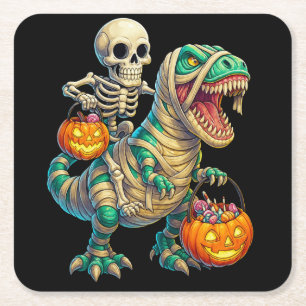 Posavasos Cuadrado De Papel Esqueleto Caprichoso Montando T-Rex Momia Hallowee
