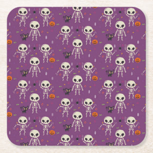 Posavasos Cuadrado De Papel Esqueletos Bonitos Patrón de Halloween Púrpura