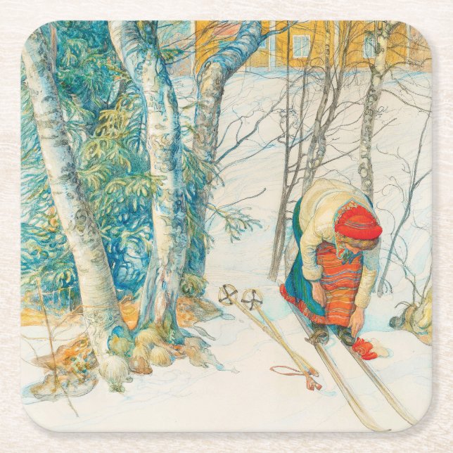 Posavasos Cuadrado De Papel Esquí de invierno por Carl Larsson (Anverso)