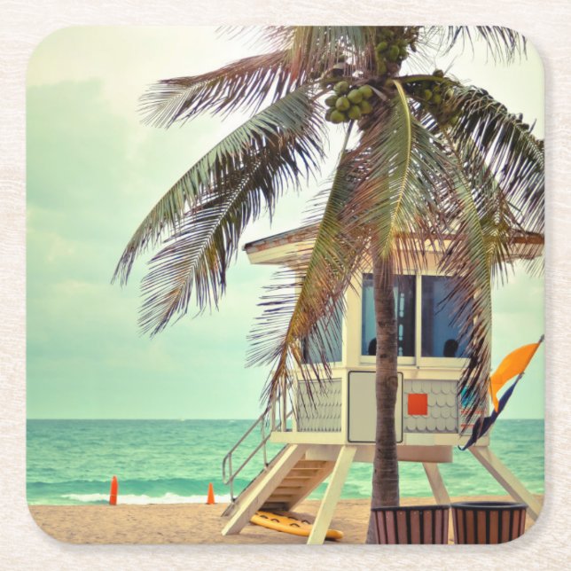 Posavasos Cuadrado De Papel Estación |Florida del salvavidas (Anverso)