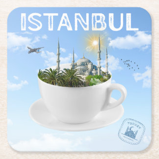 Posavasos Cuadrado De Papel Estambul en una taza de té - Skyline - regalo turc