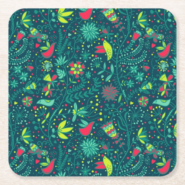 Posavasos Cuadrado De Papel Estampado de flores con los pájaros 2 del dibujo (Anverso)