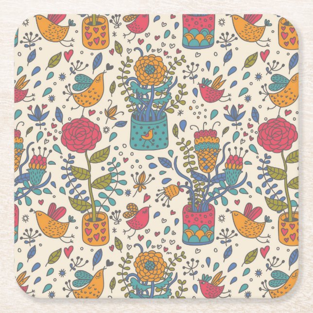 Posavasos Cuadrado De Papel Estampado de flores del dibujo animado con los (Anverso)