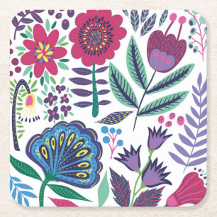 Posavasos Cuadrado De Papel Estampado de flores magenta del arte popular
