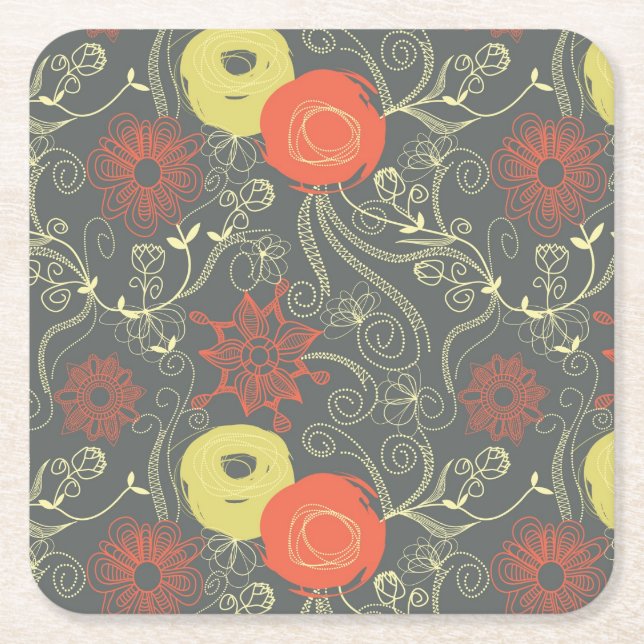 Posavasos Cuadrado De Papel Estampado de flores retro (Anverso)