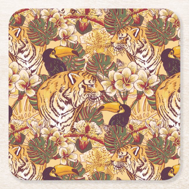 Posavasos Cuadrado De Papel Estampado de flores tropical con el tigre (Anverso)