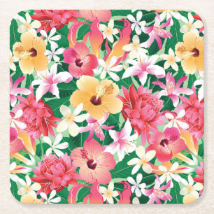 Posavasos Cuadrado De Papel Estampado de flores tropical del hibisco