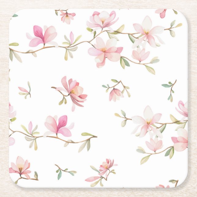 Posavasos Cuadrado De Papel Estampado de plores rosado suave de la acuarela (Anverso)