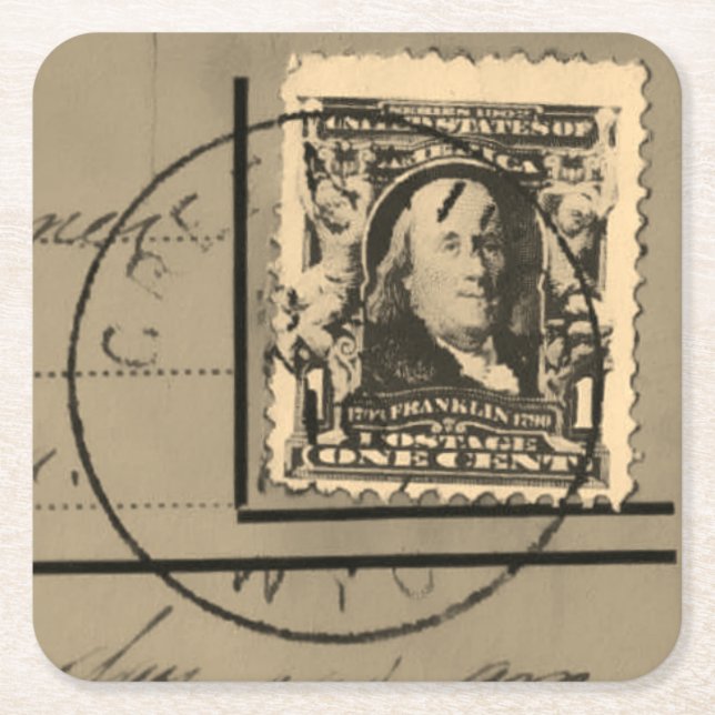 Posavasos Cuadrado De Papel Estampilla "Ben Franklin canceló" (Anverso)