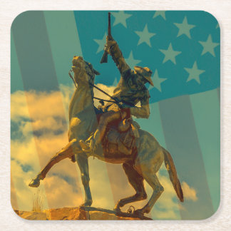 Posavasos Cuadrado De Papel estatua de Buffalo Bill Cody Cody, Wyoming y bande