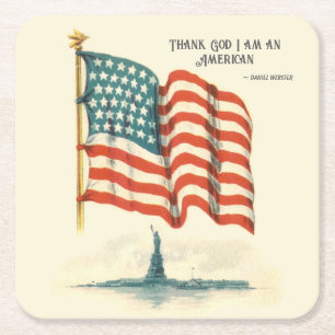 Posavasos Cuadrado De Papel Estatua de la Libertad con bandera americana