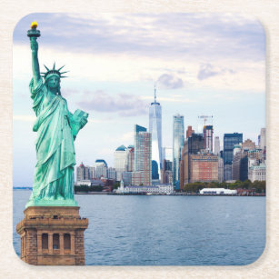 Posavasos Cuadrado De Papel Estatua de la Libertad con el World Trade Center