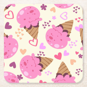 Posavasos Cuadrado De Papel Estética Retro Helado de Fresa y Corazones Rosados