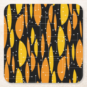 Posavasos Cuadrado De Papel Estilo atómico, patrón geométrico naranja negro.