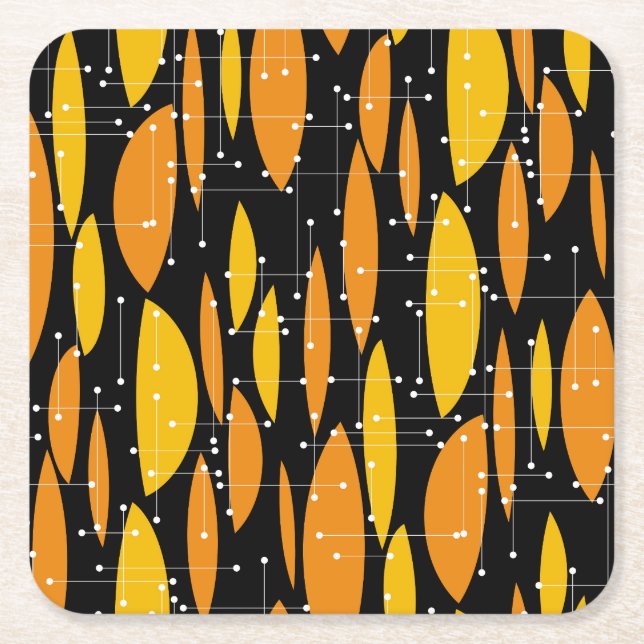 Posavasos Cuadrado De Papel Estilo atómico, patrón geométrico naranja negro. (Anverso)