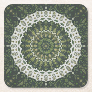 Posavasos Cuadrado De Papel Estilo ecléctico bohemio Leafy verde Mandala