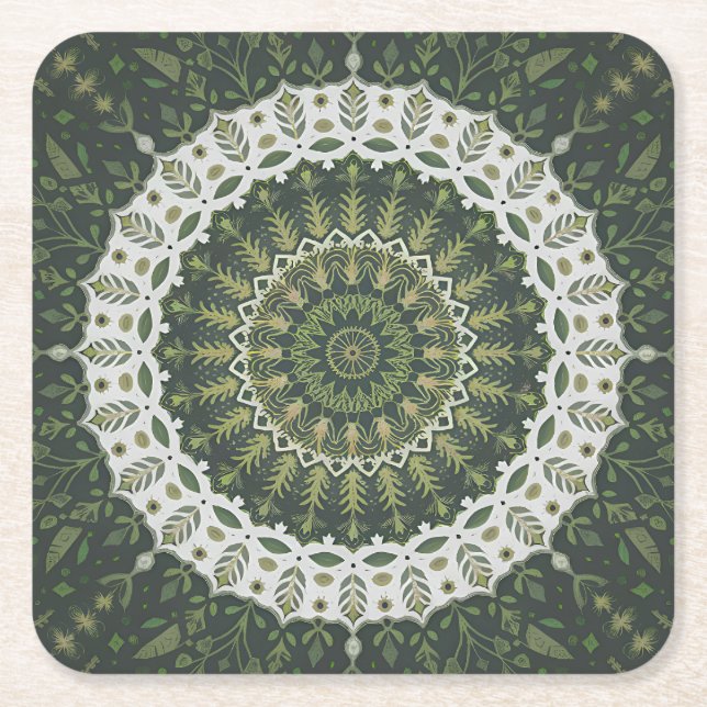 Posavasos Cuadrado De Papel Estilo ecléctico bohemio Leafy verde Mandala (Anverso)