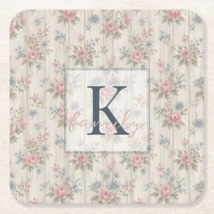 Posavasos Cuadrado De Papel Estilo Floral VintageRústico Shabby Chic en Madera
