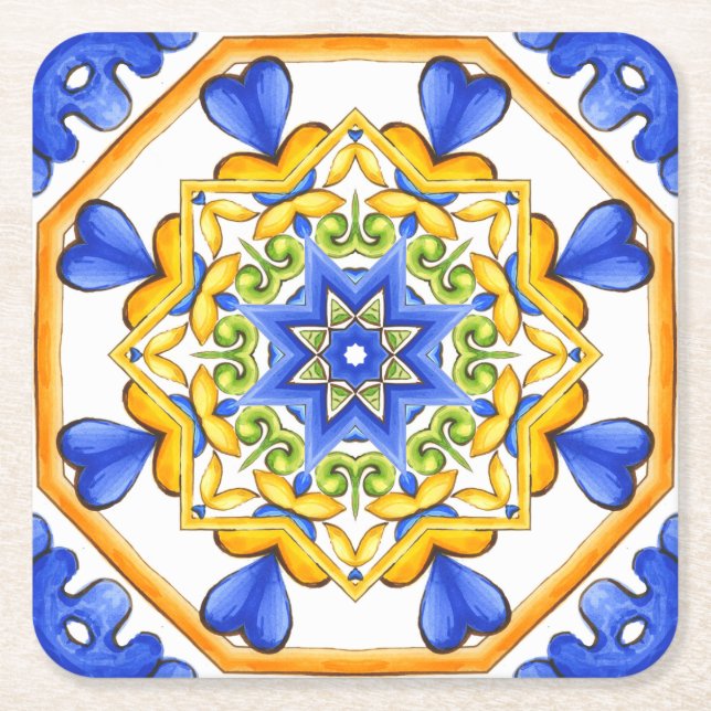 Posavasos Cuadrado De Papel Estilo italiano, azulejos,majolica Impresión todo- (Anverso)