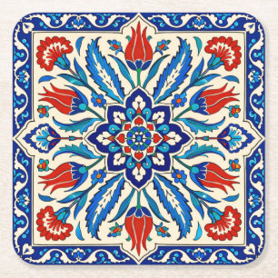 Posavasos Cuadrado De Papel Estilo Otomano Patrón Tulipán Azul Rojo