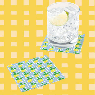 Posavasos Cuadrado De Papel Estilo Retro Vintage Limones Amarillos Cuadros Azu
