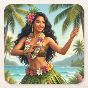Posavasos Cuadrado De Papel Estilo vintage chica hula hawaiana viaje