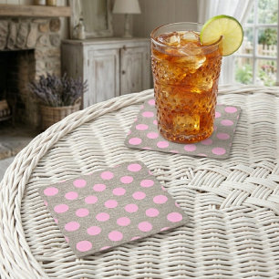 Posavasos Cuadrado De Papel Estilo Vintage Lunares Rosados sobre Arpillera