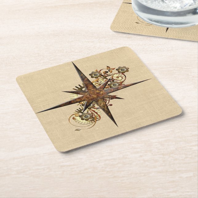Posavasos Cuadrado De Papel Estrella de brújula Steampunk (En perspectiva)