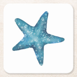 Posavasos Cuadrado De Papel Estrella de mar azul acuarela náutica