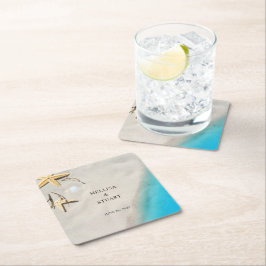 Posavasos Cuadrado De Papel Estrella de mar de arena del océano tropical veran