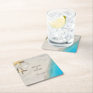 Posavasos Cuadrado De Papel Estrella de mar de arena del océano tropical veran